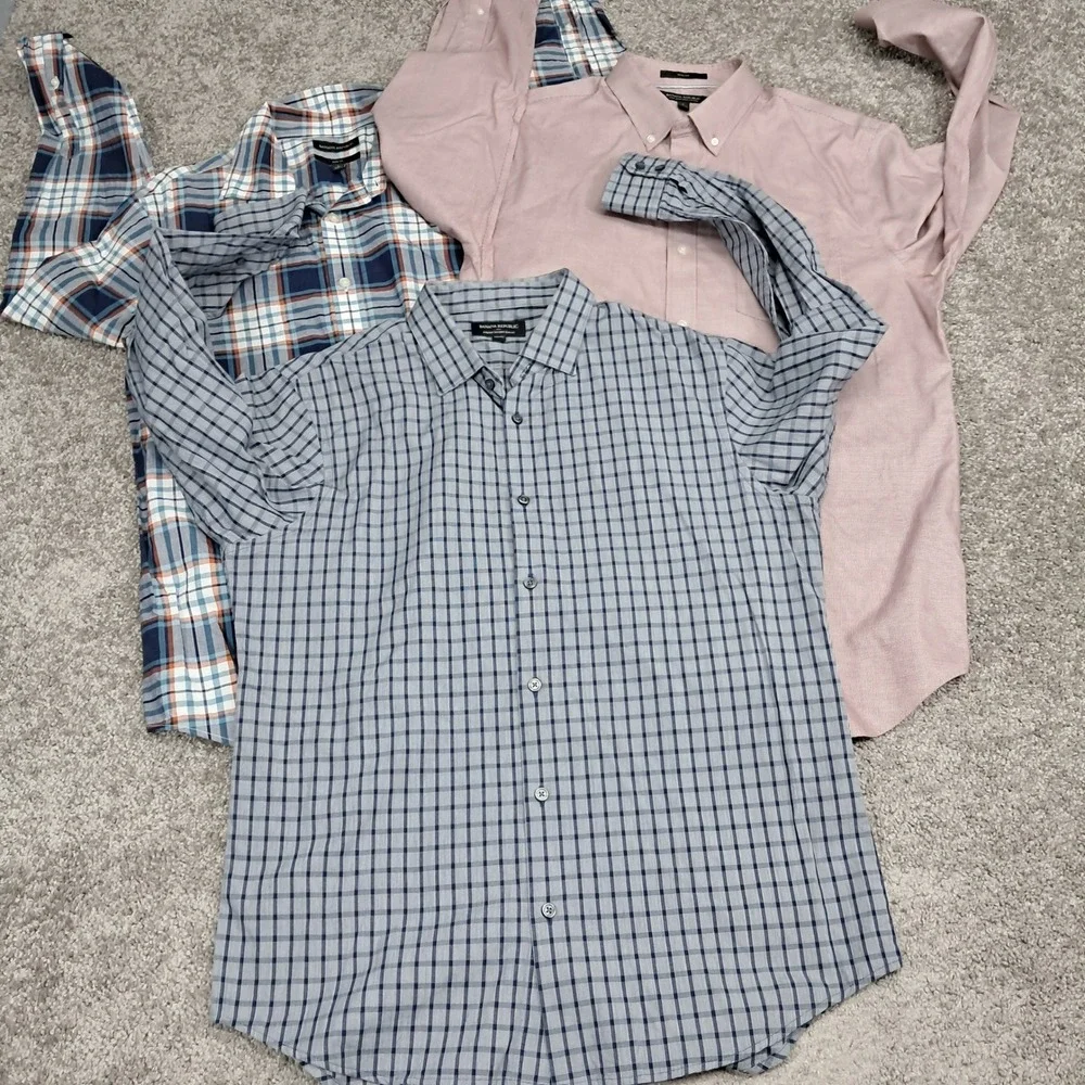 Banana Republic Mens Slim Fit Button‎ Down Shirt Bundle Plaid Solid Large 3 Pack